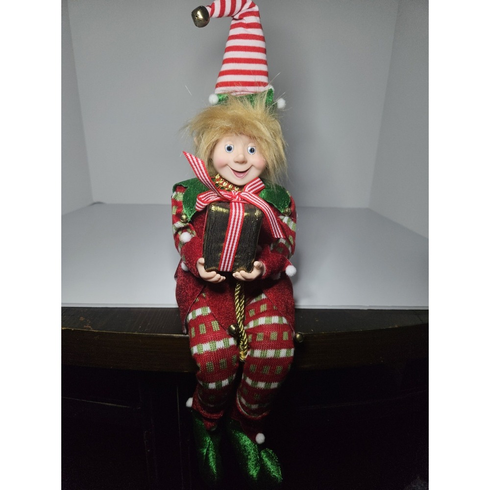 Jingles & Joy Christmas Elf Doll Posable 24" Green Red Velvet Holiday Decor Gift